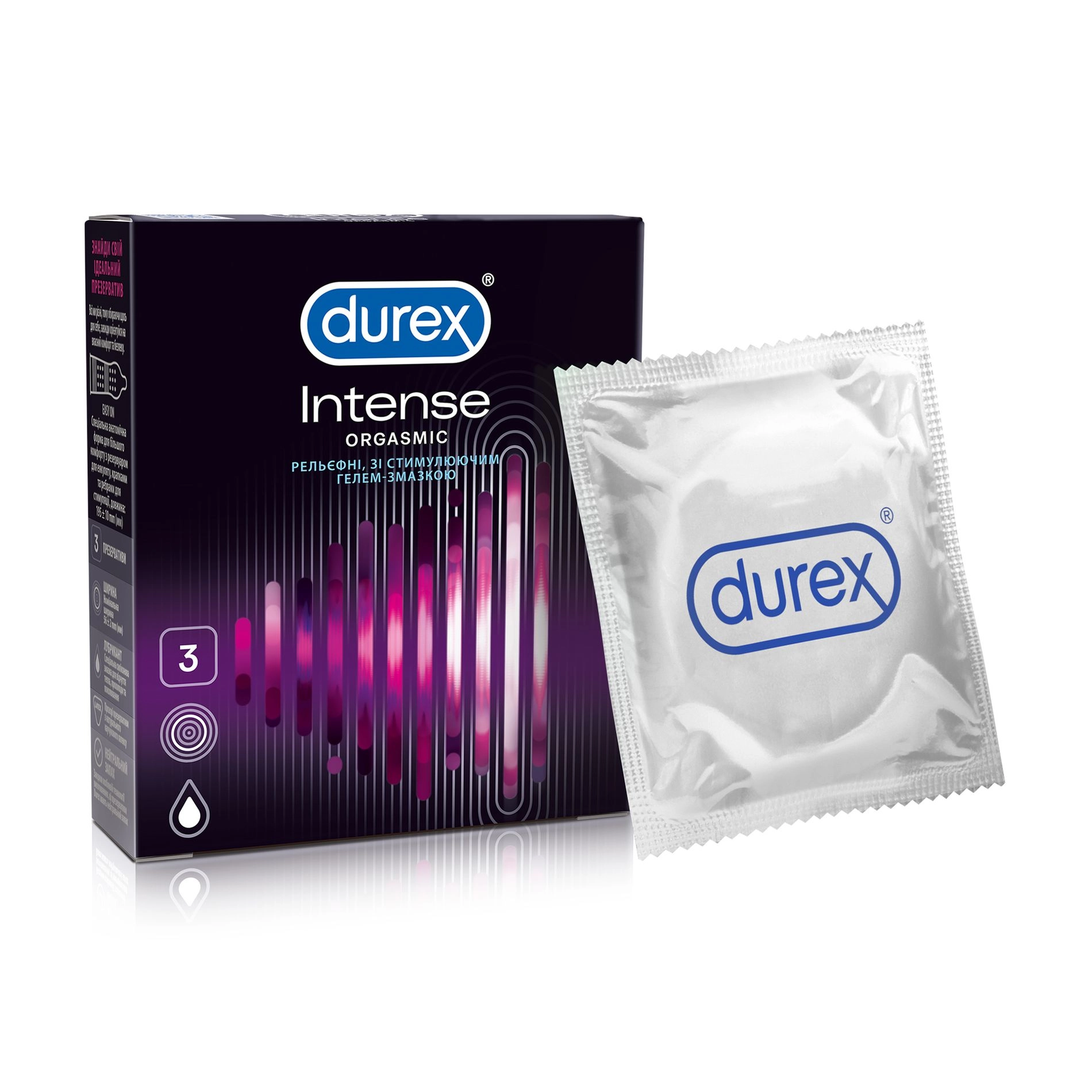 Durex Презервативи Intense Orgasmic Рельєфні, зі стимулювальним гелем-змазкою, 3 шт - фото N1