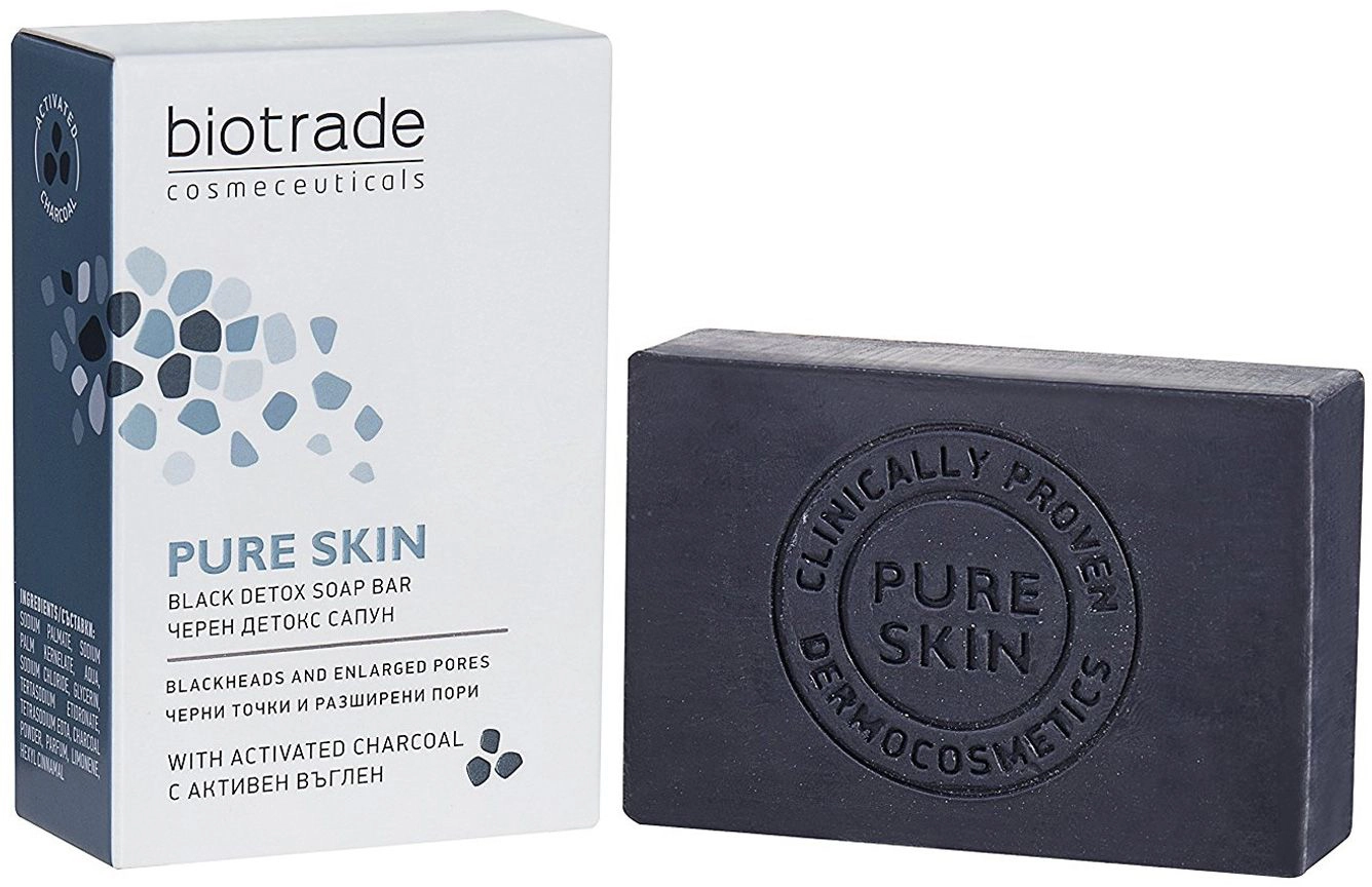 Мило-детокс для шкіри обличчя та тіла проти чорних крапок та розширених пор - Biotrade Pure Skin Black Detox Soap Bar, 100гр - фото N1