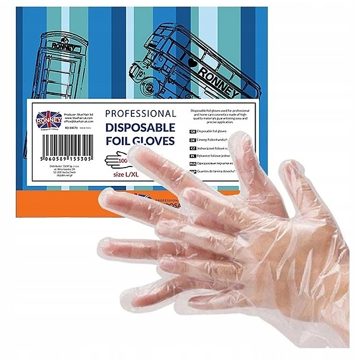 Ronney Professional Одноразові рукавички, прозорі, розмір L/XL, 100 шт. Disposable Foil Gloves - фото N1