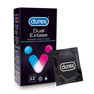 Durex Презервативи Dual Extase Рельєфні з анестетиком Прискорюють її, сповільнюють його, 12 шт