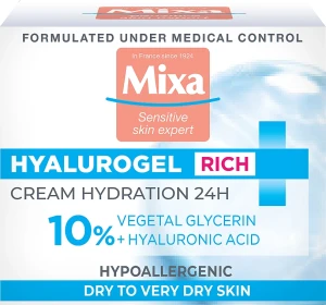 Mixa Зволожувальний крем для обличчя, з гіалуроновою кислотою для чутливої та надсухої шкіри Hyalurogel Rich Intensive Hydration Cream