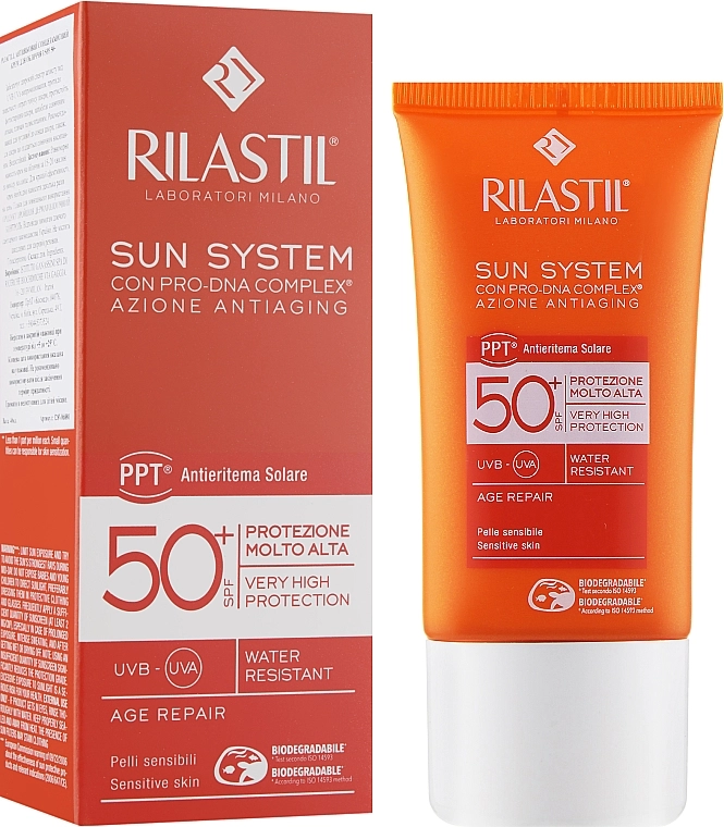 Rilastil Антивозрастной солнцезащитных крем для лица с SPF 50 Sun System Age Repair SPF50+ Crema Solare Viso - фото N3