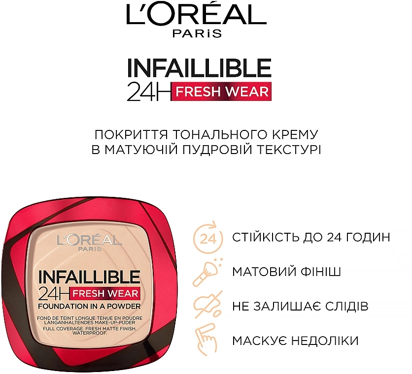 L’Oreal Paris L`Oréal Paris Infaillible Fresh Wear 24H Стійка матуюча крем-пудра для обличчя - фото N4