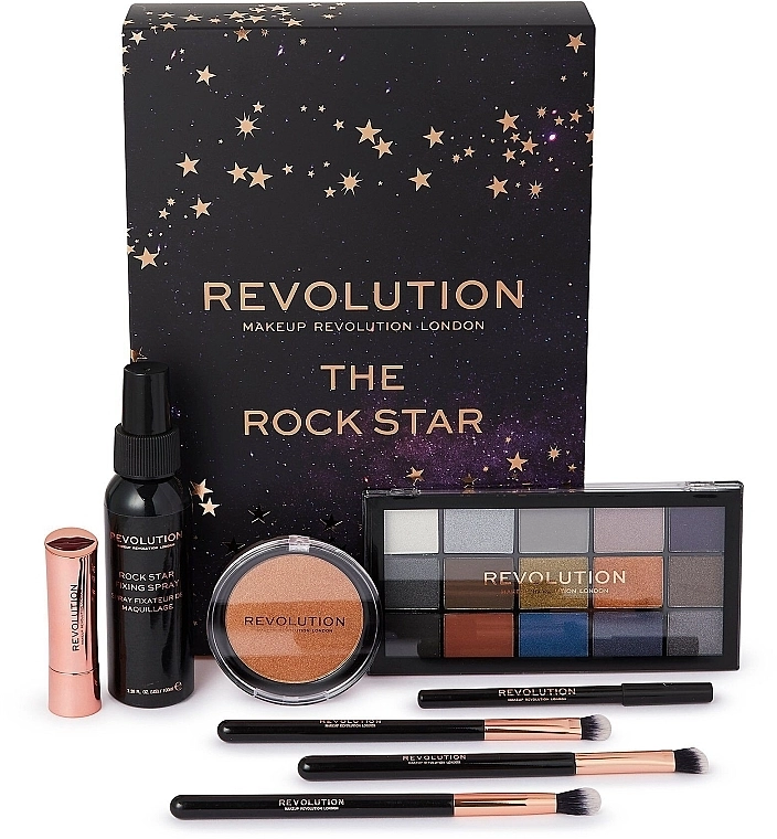 Makeup Revolution Набор The Rock Star (eye/palette/16.5g + highl/6.5g + fix/sprey/100ml + lipstick/3.5g + eye/pen/1.2g + brush/3) - фото N1