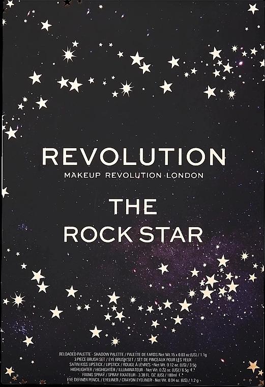 Makeup Revolution Набор The Rock Star (eye/palette/16.5g + highl/6.5g + fix/sprey/100ml + lipstick/3.5g + eye/pen/1.2g + brush/3) - фото N3