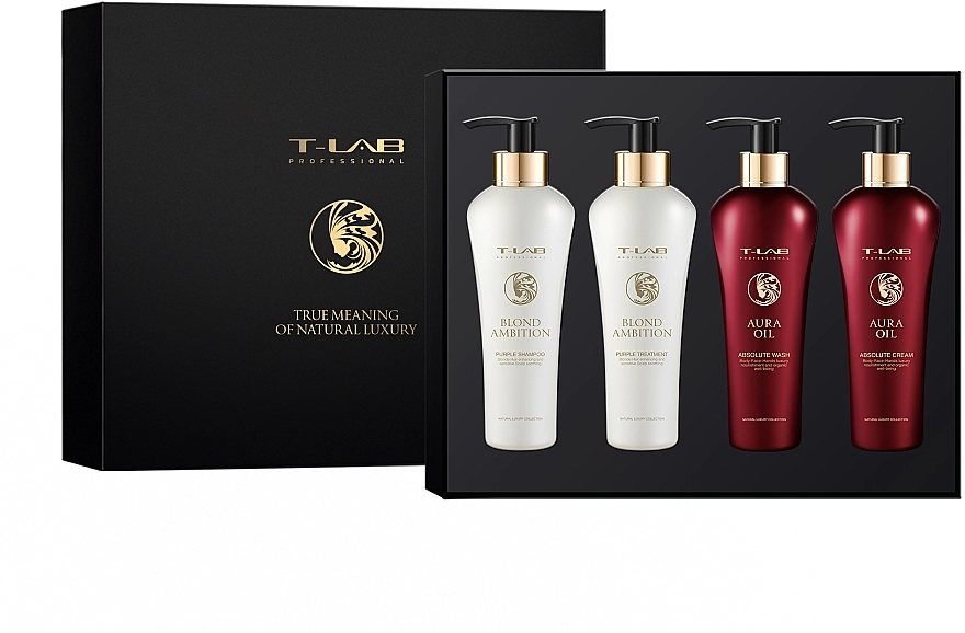 T-LAB Professional Подарочный набор Aura Oil Blond Ambition Love Set (wash/300ml + cr/300ml + shmp/300ml + treat/300ml) - фото N1