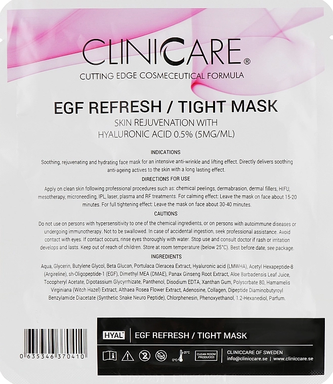 ClinicCare Регенерувальна ліфтинг-маска з 0,5% гіалуроновою кислотою Hyal Egf Refresh/Tight Lifting/Skin Rejuv. Mask 0.5% HA - фото N2