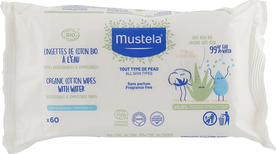 Mustela Салфетки влажные из органического хлопка с водой Baby Organic Cotton Wipes with Water - фото N1