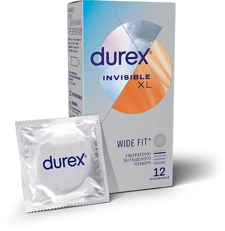 Durex Презервативи латексні з силіконовою змазкою "Ультратонкі" збільшеного розміру (ширші), 12 шт Invisible XL - фото N1