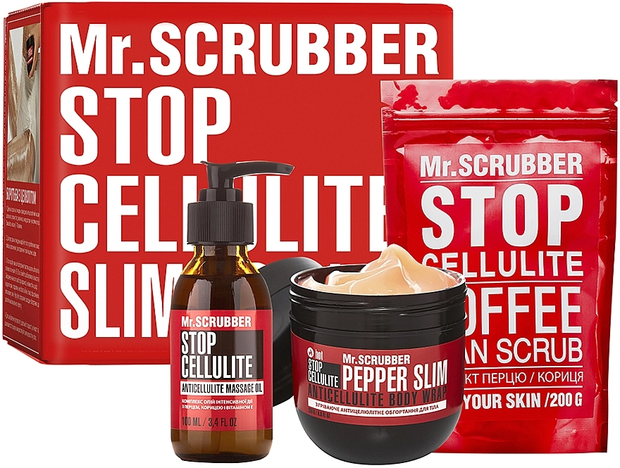 Mr.Scrubber Набор "Похудеть к лету вместе с Mr.Scrubber" Stop Cellulite Body (oil/100ml + cr/hot/250g + scrub/200g) - фото N1