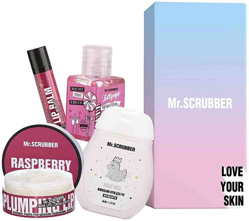 Mr.Scrubber Набор Sweet Raspberry (lip/balm/5g + lip/scrub/50ml + h/cr/50ml + sanitizer/30ml) - фото N1