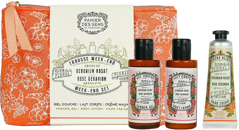 Panier des Sens Набір для подорожей "Троянда і герань" Rose Geranium Week-End Set (sh/gel/70ml + b/lot/70ml + h/cr/30ml + bag) - фото N1