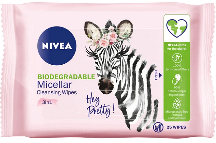 Nivea Біорозкладні міцелярні серветки для зняття макіяжу, 25 шт. Biodegradable Micellar Cleansing Wipes 3 In 1 - фото N1