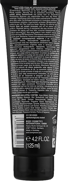 Tannymaxx Лосьйон для засмаги в солярії з бронзантами, олією ши, тирозином та алое вера Tannymax Super Black Tanning Lotion - фото N2