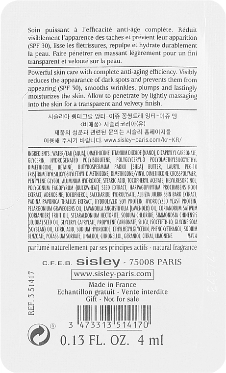 Sisley Концентрований крем для рук SPF 30 Sisleya L'Integral Anti-Age Hand Care Concentrate (пробник) - фото N2