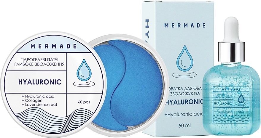 Mermade Набор "Увлажняющий комплекс для лица "Hyaluronic". Гидрогелевые патчи + сыворотка" (ser/50ml + eye/patch/60pcs) - фото N1