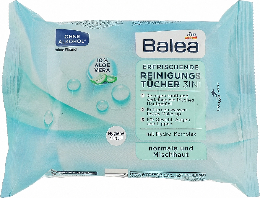 Balea Вологі очищувальні серветки для зняття макіяжу 3 в 1 з алое вера - фото N2