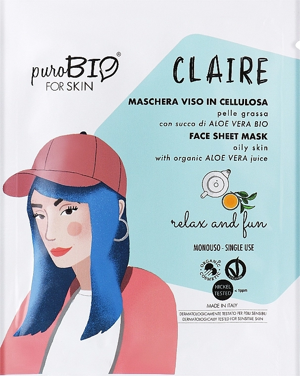 PuroBio Cosmetics Тканевая маска для лица для жирной кожи "Отдых и развлечения" Claire Face Sheet Mask For Oily Skin Relax And Fun - фото N1