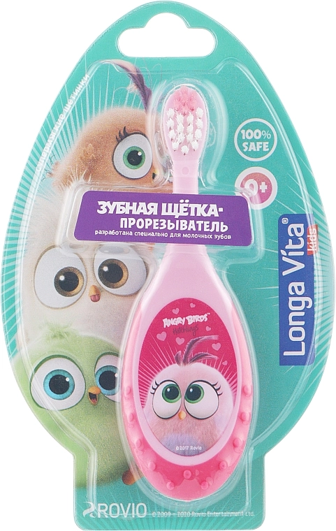 Longa Vita Детская зубная щетка-прорезыватель "Angry Birds", розовая - фото N1