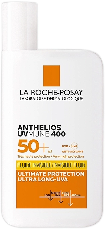 La Roche-Posay Легкий солнцезащитный флюид без отдушки, высокий уровень защиты от UVB и очень длинных UVA лучей SPF50+ Anthelios UVmune 400 Invisible Fluid SPF50+ Fragrance Free - фото N1