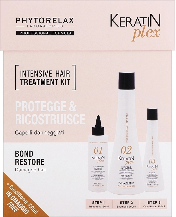 Phytorelax Laboratories Набір Keratin Plex Intensive Hair Treatment Kit (treatment/150ml + shm/250ml + cond/100ml) - фото N1