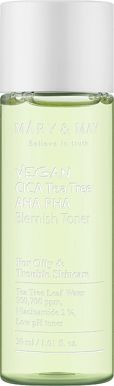 Тонер із центелою азіатською та чайним деревом - Mary & May Vegan Cica Tea Tree AHA PHA Toner, 30 мл - фото N1