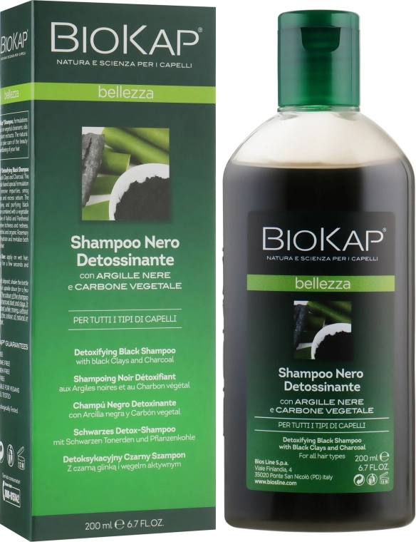 BiosLine Шампунь "Детокс" з чорною глиною і деревним вугіллям BioKap Detoxifying Black Shampoo - фото N1
