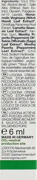 Logona Біозасіб антибактеріальний для обличчя "М'ята і саліцилова кислота з кори верби" Sos Boutons Active Spot Cream - фото N3