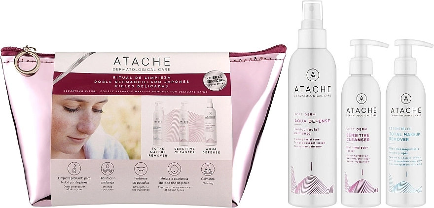 Atache Набір Soft Derm (f/tonic/200ml + cl/oil/115ml + cl/gel/115ml + pouch) - фото N1