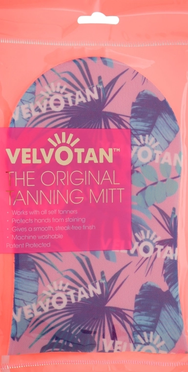 Velvotan Аплікатор-рукавиця для автозасмаги, рожева із зображенням тропічного листя The Original Tanning Mitt - фото N1