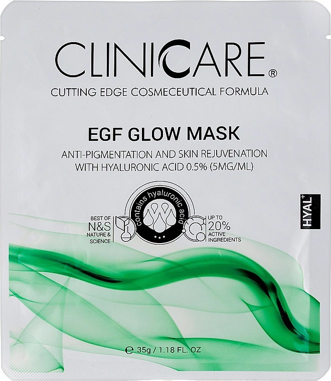 ClinicCare Освітлювальна тканинна маска з 0,5% гіалуроновою кислотою Hyal Egf Glow Mask With 0.5% HA - фото N1