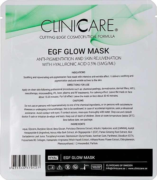 ClinicCare Освітлювальна тканинна маска з 0,5% гіалуроновою кислотою Hyal Egf Glow Mask With 0.5% HA - фото N2