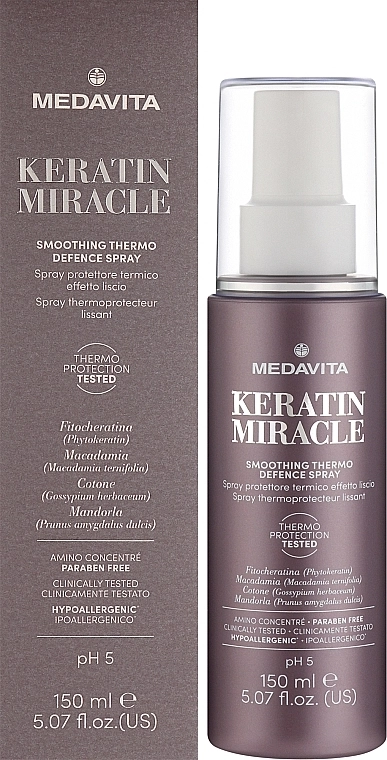 Medavita Розгладжувальний термозахисний спрей для волосся Keratin Miracle Smoothing Thermo Defence Spray - фото N2