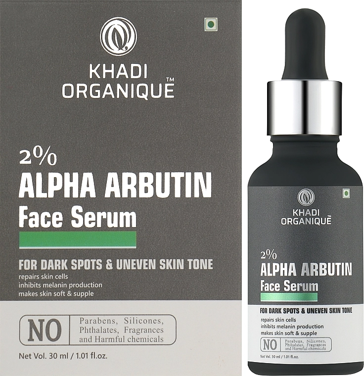 Khadi Organique Антивікова сироватка з альфа-арбутином від зморщок та пігментації Alpha Arbutin 2% Face Serum, Supple & Youthful - фото N2