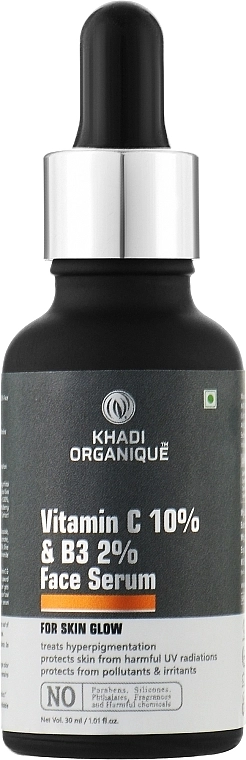 Khadi Organique Омолоджувальна сироватка для обличчя "Вітамін С + В3" від зморщок та пігментації Face Serum Vitamin C (Ethyl Ascorbic Acid) 10% + B3 Face Serum Youthful Glow - фото N1