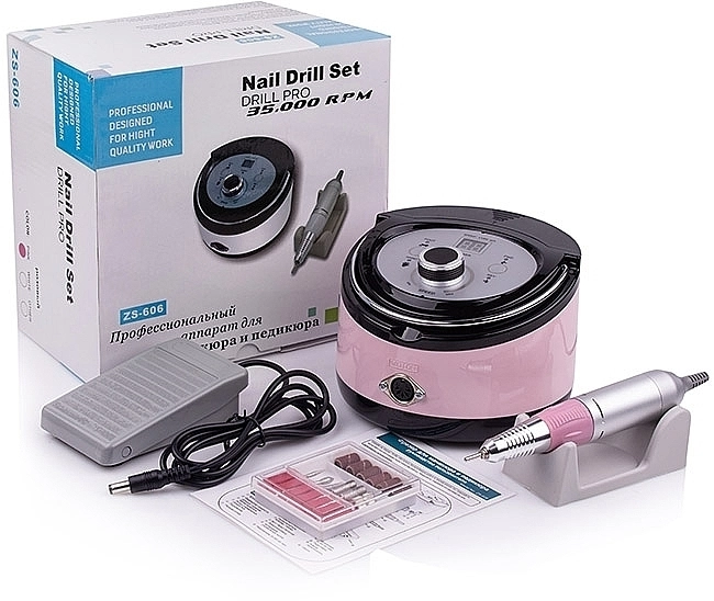 Nail Drill Фрезер для манікюру та педикюру ZS-606 Pink Professional на 65W/35000 об. + 6 покращених фрез - фото N3