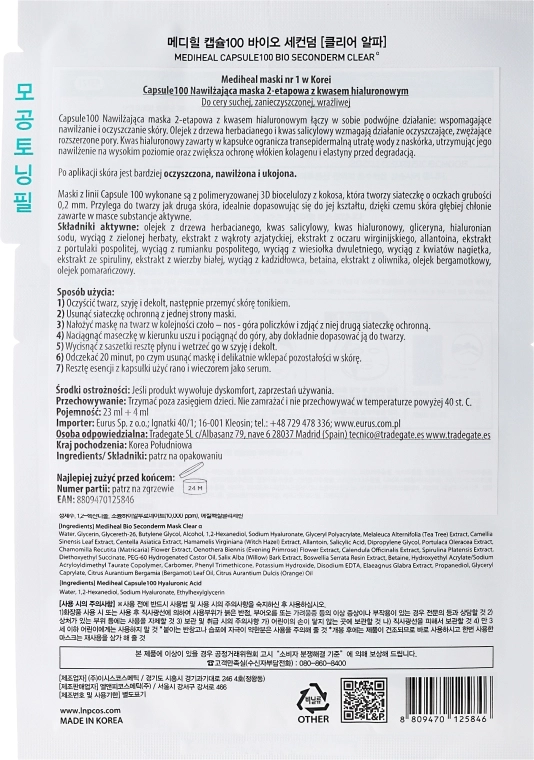 Биоцеллюлозная маска с гиалуроновой кислотой - Mediheal Capsule 100 Bio Seconderm Clear Alpha 2 Step Face Mask, 27 г, 1 шт - фото N2