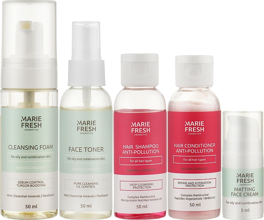 Marie Fresh Cosmetics Дорожний набір для жирної та комбінованої шкіри Travel Set for Oily Skin (f/foam/50ml + f/ton/50ml + h/shm/50ml + h/cond/50ml + f/cr/5ml) - фото N3