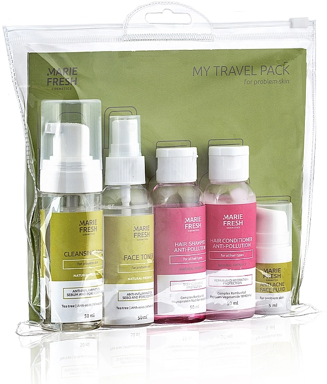 Marie Fresh Cosmetics Дорожний набір для проблемної шкіри Travel Set for Problem Skin (f/foam/50ml + f/ton/50ml + h/shm/50ml + h/cond/50ml + f/fluid/5ml) - фото N3