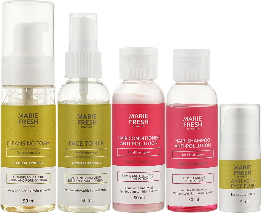 Marie Fresh Cosmetics Дорожний набір для проблемної шкіри Travel Set for Problem Skin (f/foam/50ml + f/ton/50ml + h/shm/50ml + h/cond/50ml + f/fluid/5ml) - фото N4