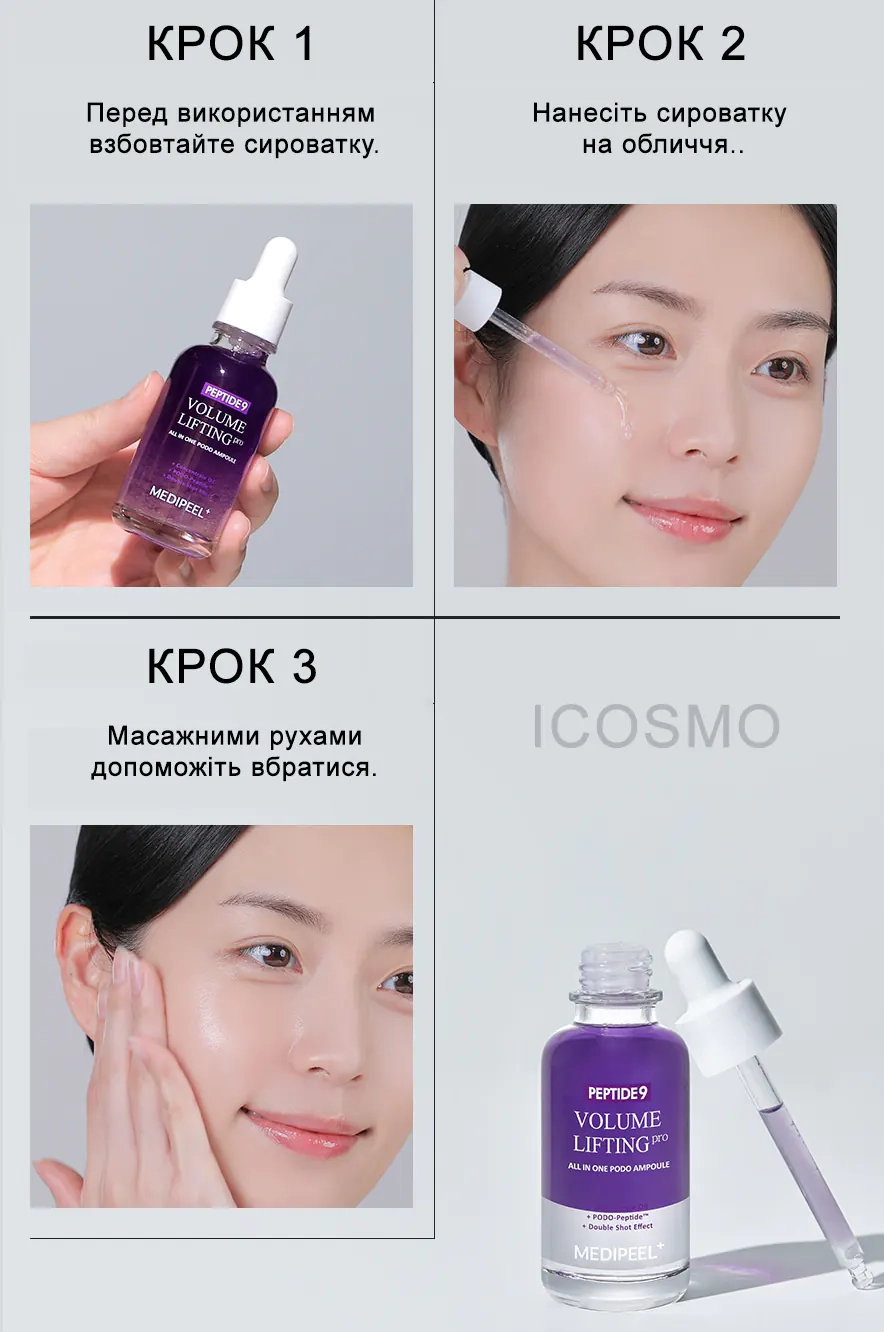 Як користуватися сироваткою Medi peel Peptide 9 Volume Lifting All-in-One Podo Ampoule PRO