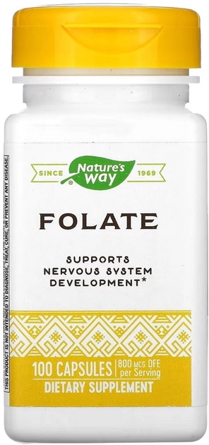 Харчова добавка в капсулах Фолат - Nature's Way Folate, 800 мкг, 100 капсул - фото N1