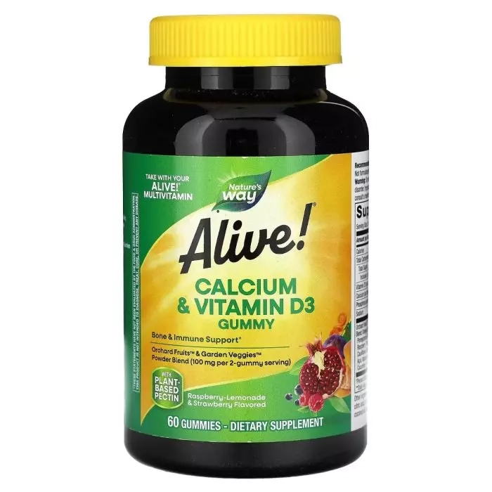 Кальций и витамин D3 со вкусом малина-лимонад и клубника - Nature's Way Alive! Calcium & Vitamin D3 Gummy, 60 жевательных конфет - фото N1