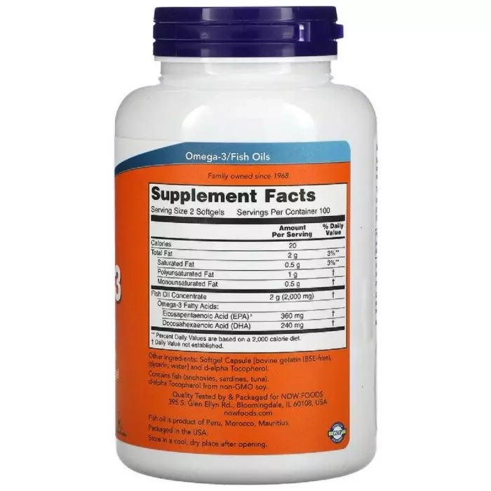 Омега-3 - Now Foods Омега-3, 1000мг, 200 желатинових капсул - фото N2