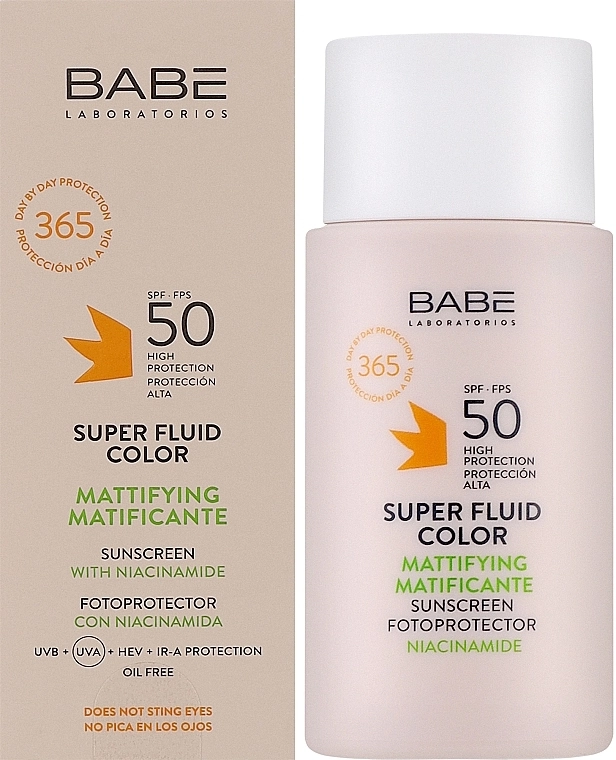 Сонцезахисний BB-флюїд з тонуючим і матуючим ефектом - BABE Laboratorios Super Fluid Color Mattifying Sunscreen SPF50, 50 мл - фото N1