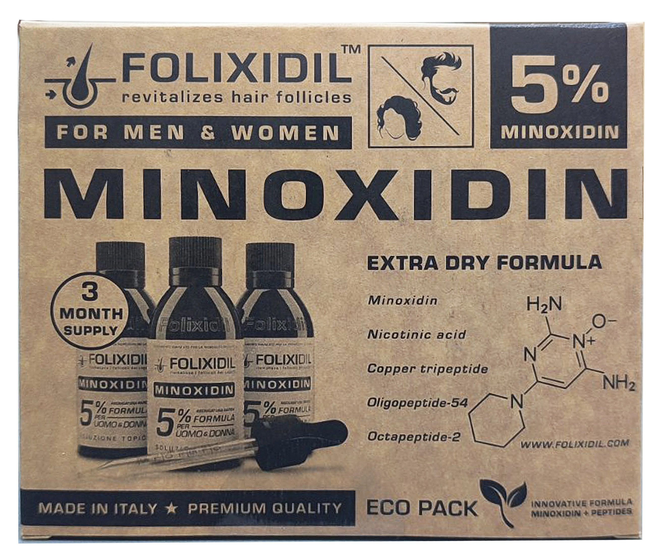 Набор лосьонов против выпадения волос c миноксидилом 5% на 3 месяца - FOLIXIDIL 5% Set - Minoxidin for Men and Women, 60 мл, 3 шт - фото N1