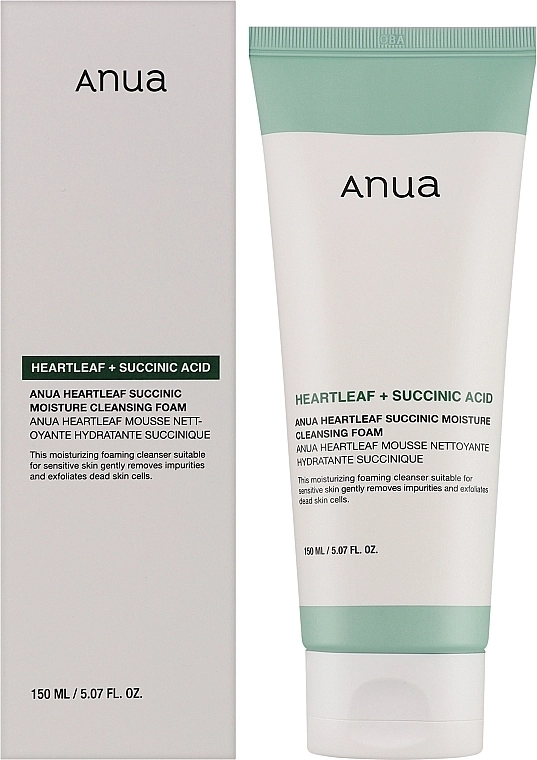 Заспокійлива пінка для вмивання з бурштиновою кислотою - ANUA Heartleaf Succinic Moisture Cleansing Foam, 150 мл - фото N1