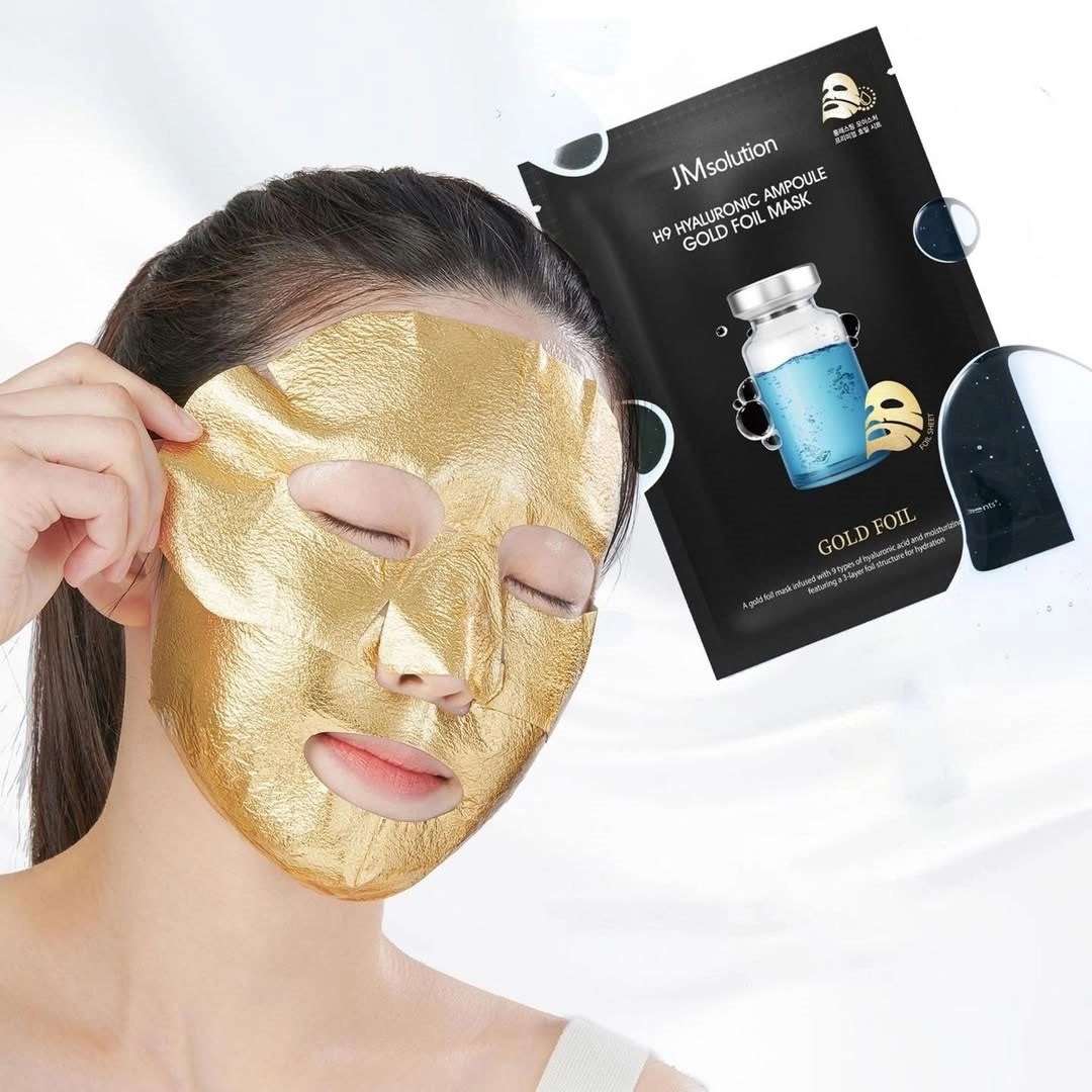 Тканинна маска зволожуюча з гіалуроновою кислотою Japan H9 Hyallronic - JMsolution H9 Hyaluronic Ampoule Gold Foil Mask, 35ml - фото N3