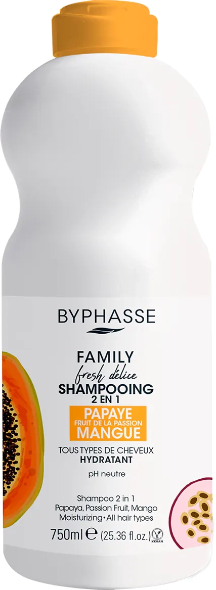 Шампунь для волосся з папаєю, маракуєю та манго - Byphasse Family Fresh Delice Shampoo 2 in 1 Papaya, Passion Fruit, Mango, 750 мл - фото N2