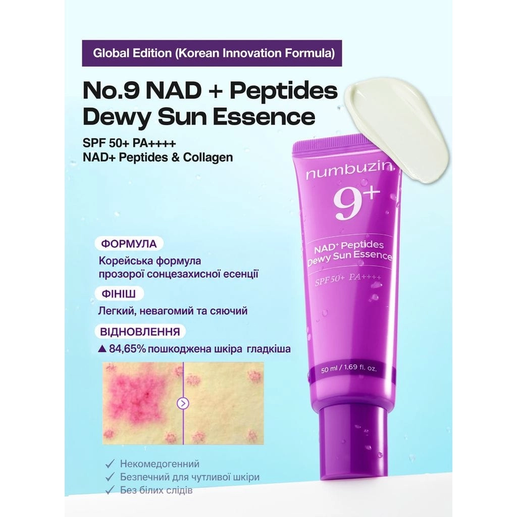 Есенція сонцезахисна для обличчя - NUMBUZIN No.9 NAD+ Peptides Dewy Sun Essence, 50 мл - фото N5